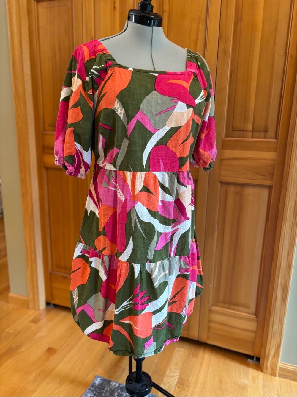 Mlle Gabrielle Tropical Floral Square Neck Tiered Puff Sleeve Dress XXL
